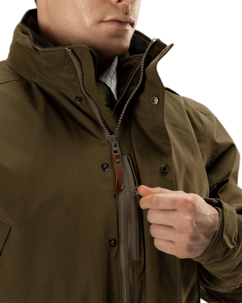 Warm Olive Coloured Harkila Retrieve Jacket on white background #colour_warm-olive