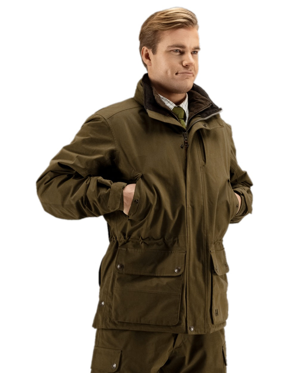 Warm Olive Coloured Harkila Retrieve Jacket on white background #colour_warm-olive
