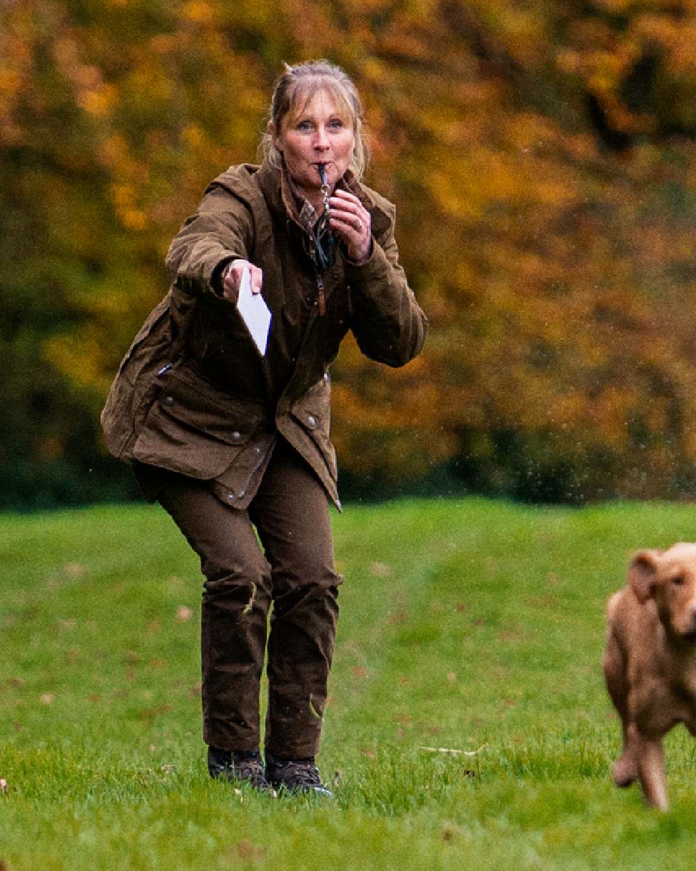 Warm Olive Coloured Harkila Retrieve Lady Jacket on outdoor background #colour_warm-olive