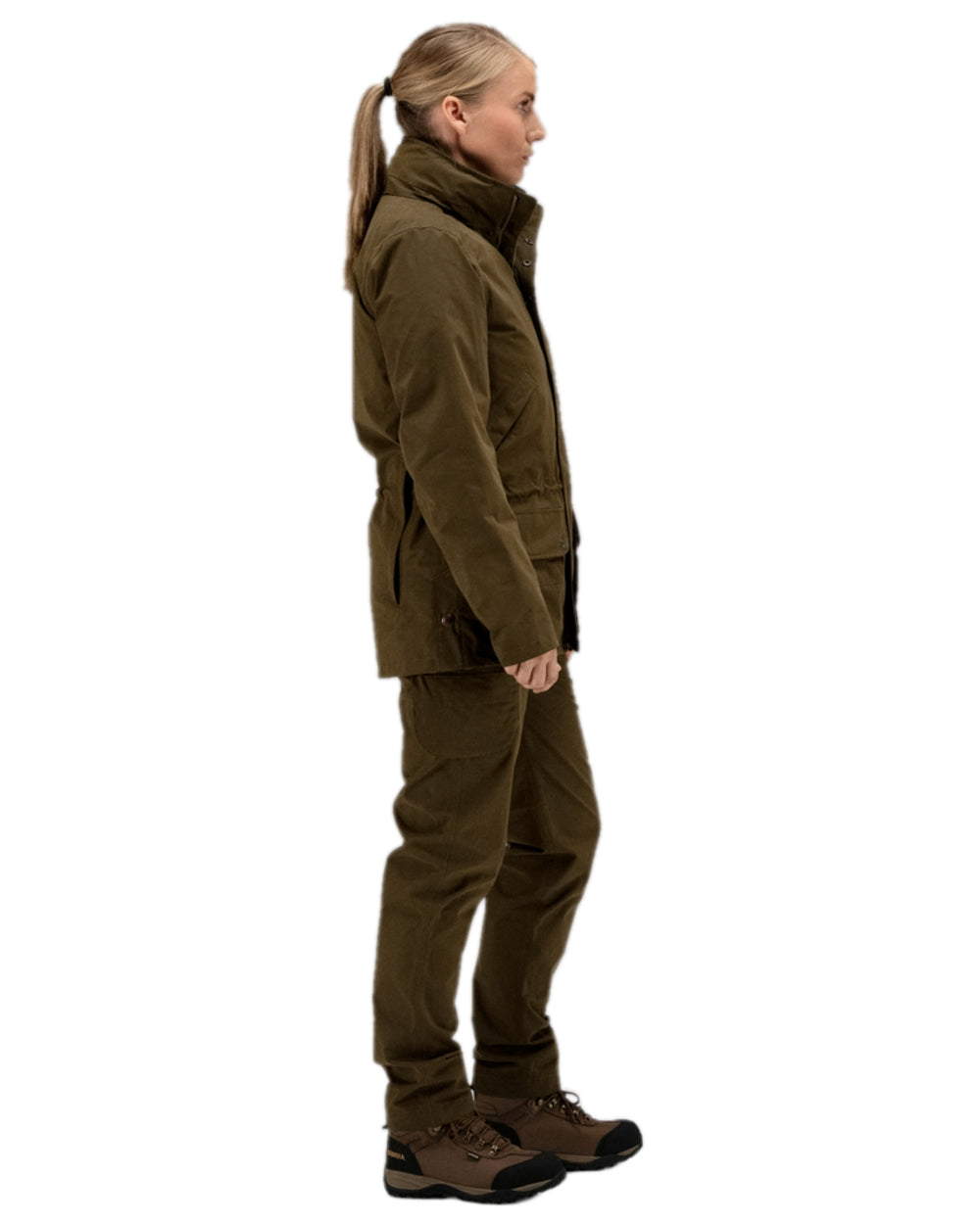 Warm Olive Coloured Harkila Retrieve Lady Jacket on white background #colour_warm-olive