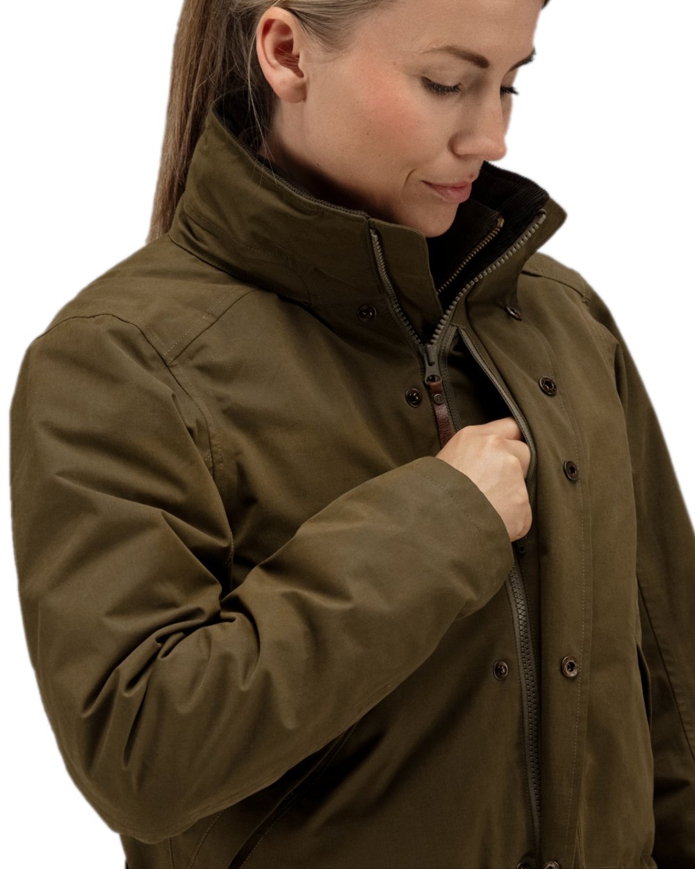 Warm Olive Coloured Harkila Retrieve Lady Jacket on white background #colour_warm-olive