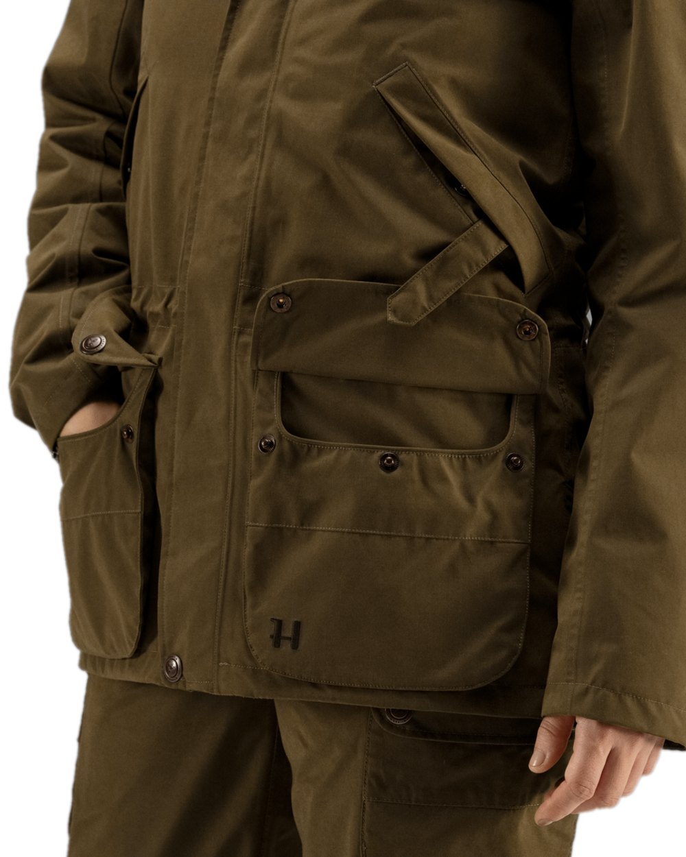 Warm Olive Coloured Harkila Retrieve Lady Jacket on white background #colour_warm-olive