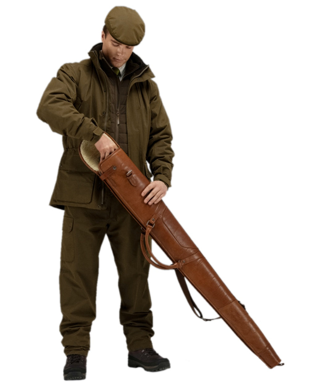 Cognac Coloured Harkila Retrieve Leather Shotgun Slip on white background #colour_cognac