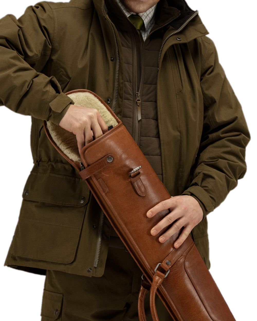 Cognac Coloured Harkila Retrieve Leather Shotgun Slip on white background #colour_cognac