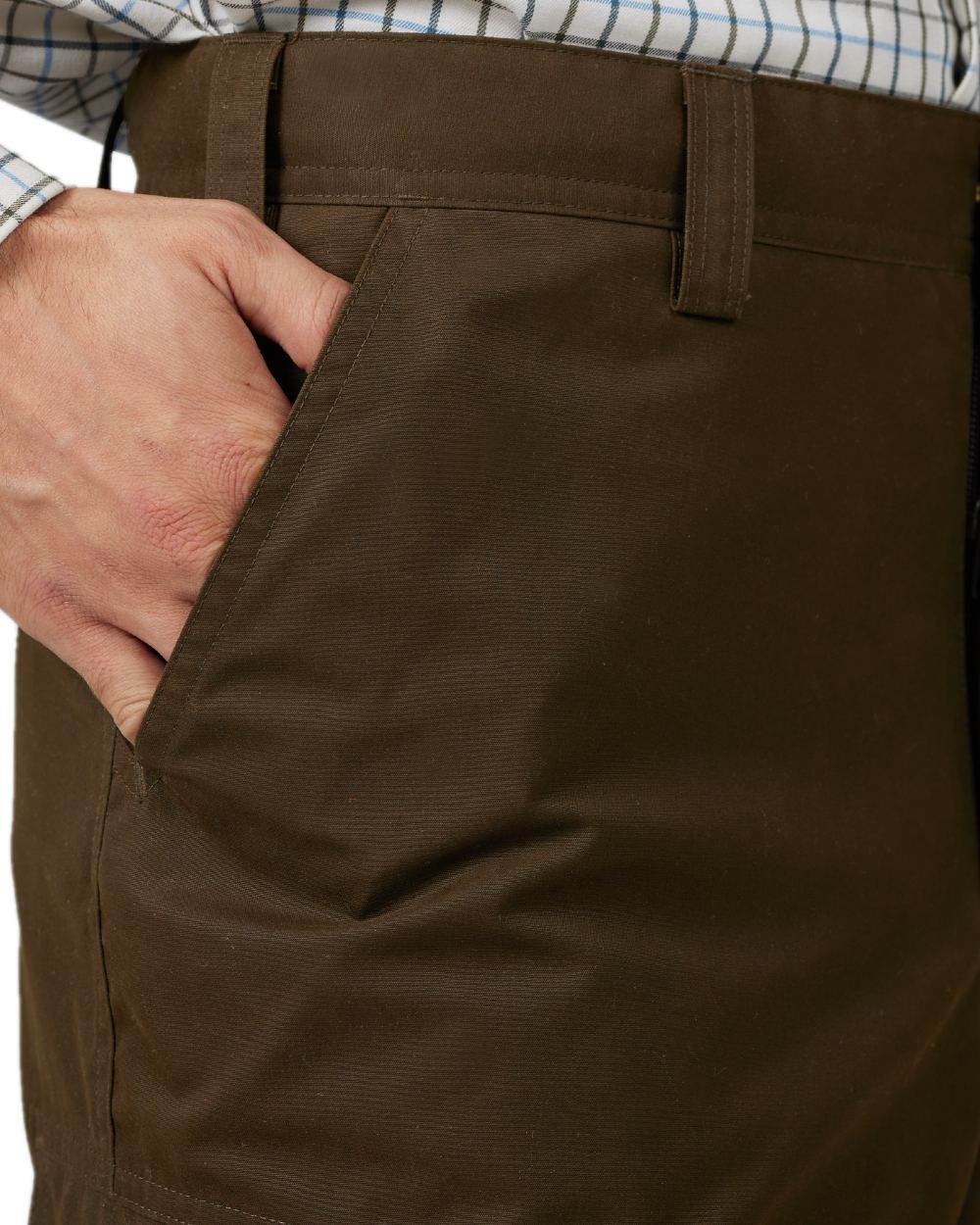 Dark Warm Olive Coloured Harkila Retrieve Light Trousers on white background #colour_dark-warm-olive