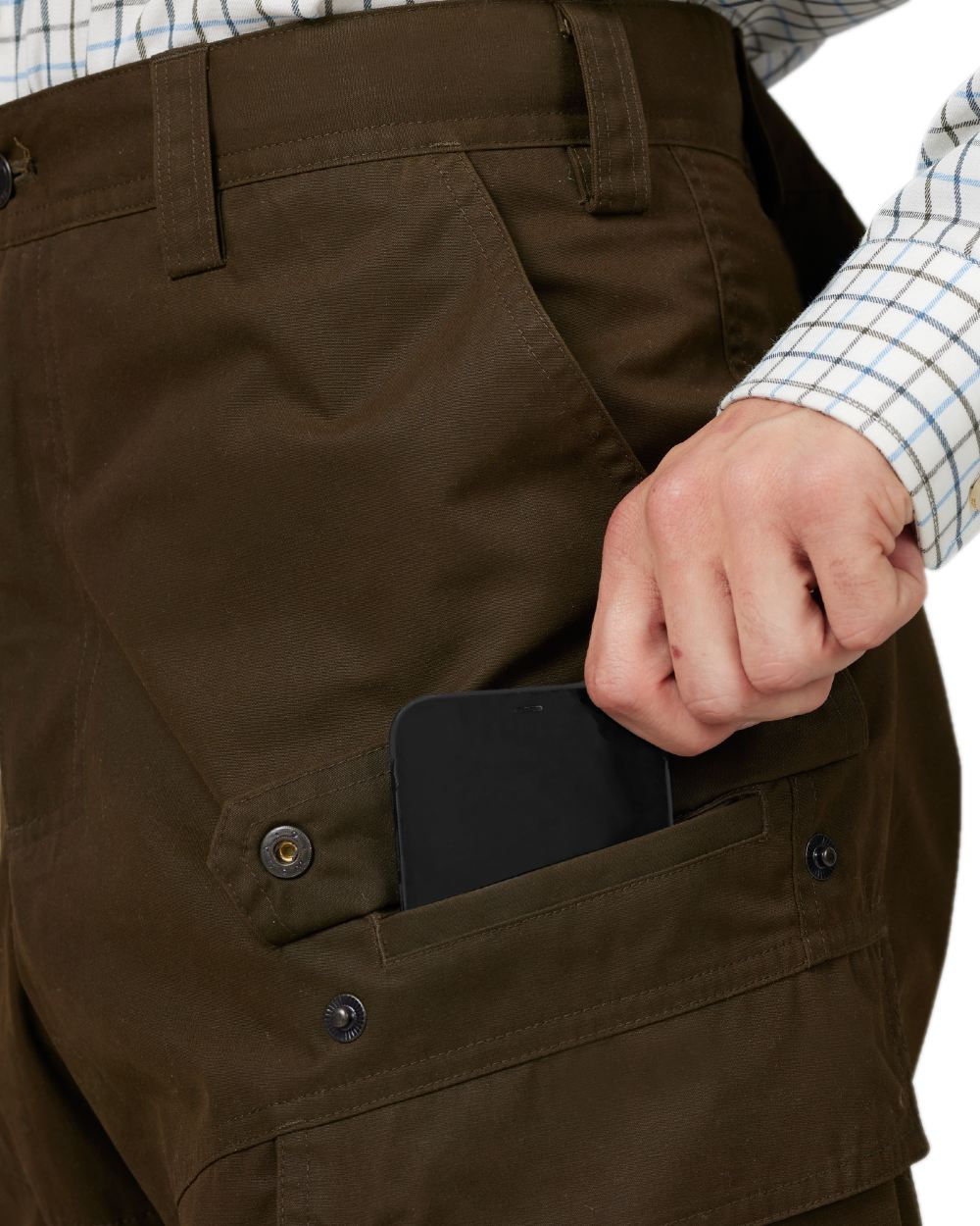 Dark Warm Olive Coloured Harkila Retrieve Light Trousers on white background #colour_dark-warm-olive