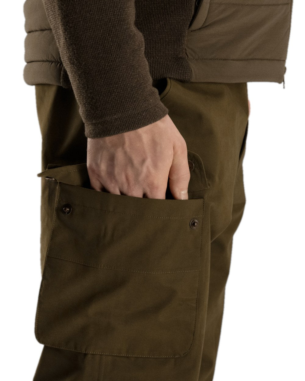 Warm Olive Coloured Harkila Retrieve Trousers on white background #colour_warm-olive