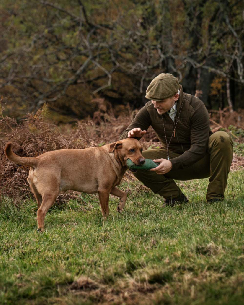 Willow Green Coloured Harkila Sandhem Pro Insulated Cardigan on forest background #colour_willow-green