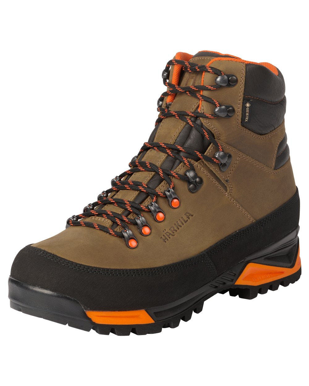 Mid Brown Orange Coloured Harkila Saxnas GTX Boots on white background #colour_mid-brown-orange