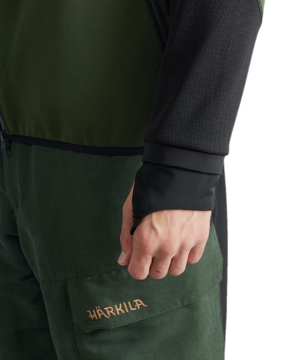 Duffel Green Black Coloured Harkila Scandinavian Fleece Jacket on white background #colour_duffel-green-black