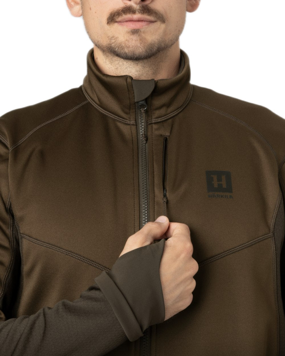 Willow Green Deep Brown Coloured Harkila Scandinavian Fleece Jacket on white background #colour_willow-green-deep-brown