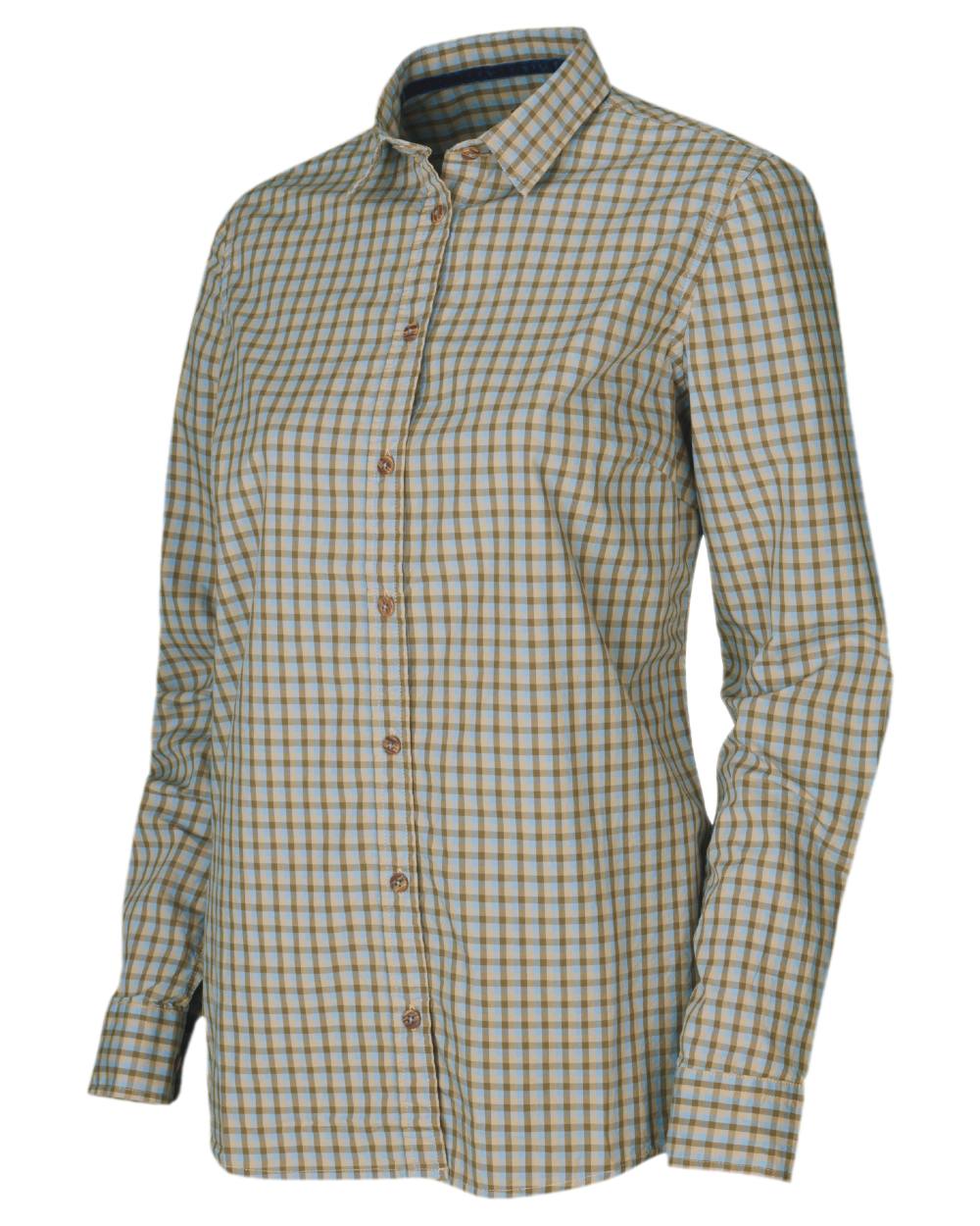 Heritage Blue Check Coloured Harkila Selja Lady Long Sleeved Shirt on white background #colour_heritage-blue-check