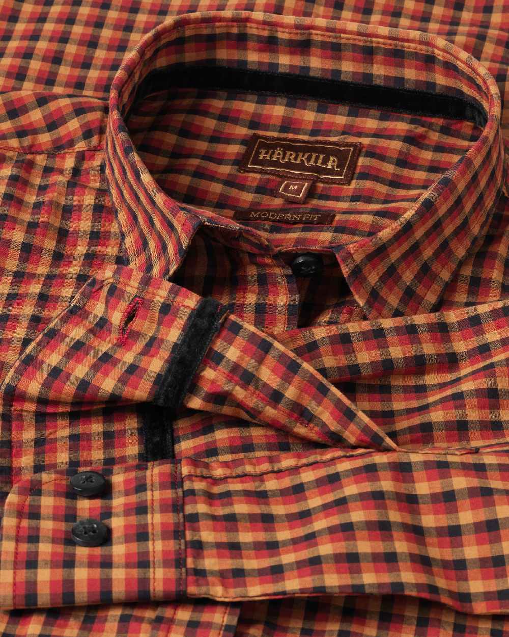 Red Black Check Coloured Harkila Selja Lady Long Sleeved Shirt on white background #colour_red-black-check