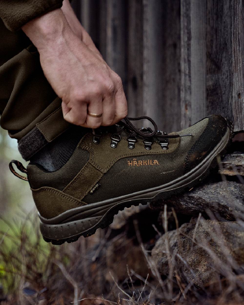 Willow Green Coloured Harkila Trail Lace GTX Shoes on forest background #colour_willow-green