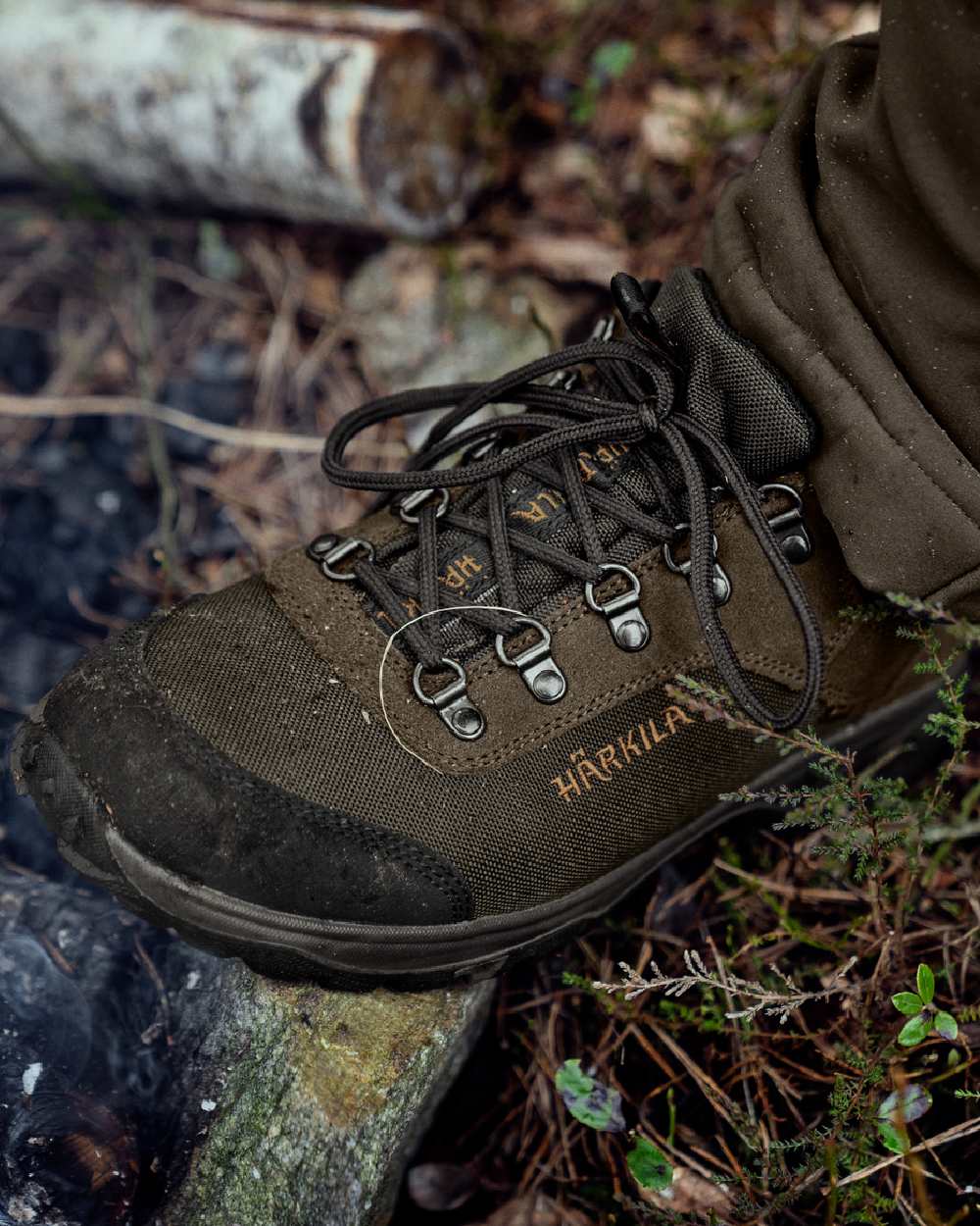 Willow Green Coloured Harkila Trail Lace GTX Shoes on forest background #colour_willow-green