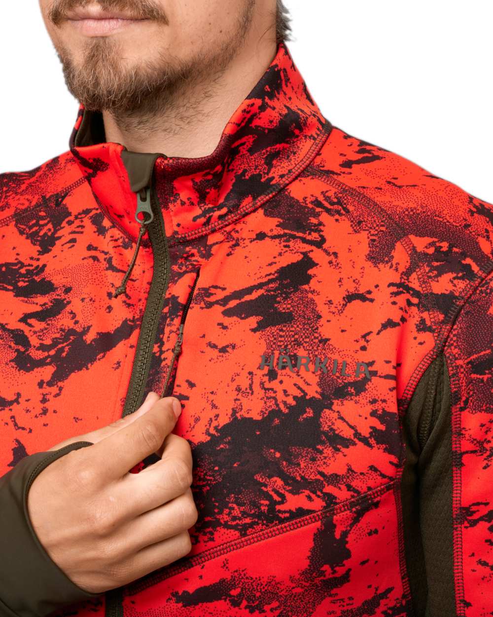 Wildboar Orange Coloured Harkila Wildboar Pro Camo Fleece Jacket on white background #colour_wildboar-orange