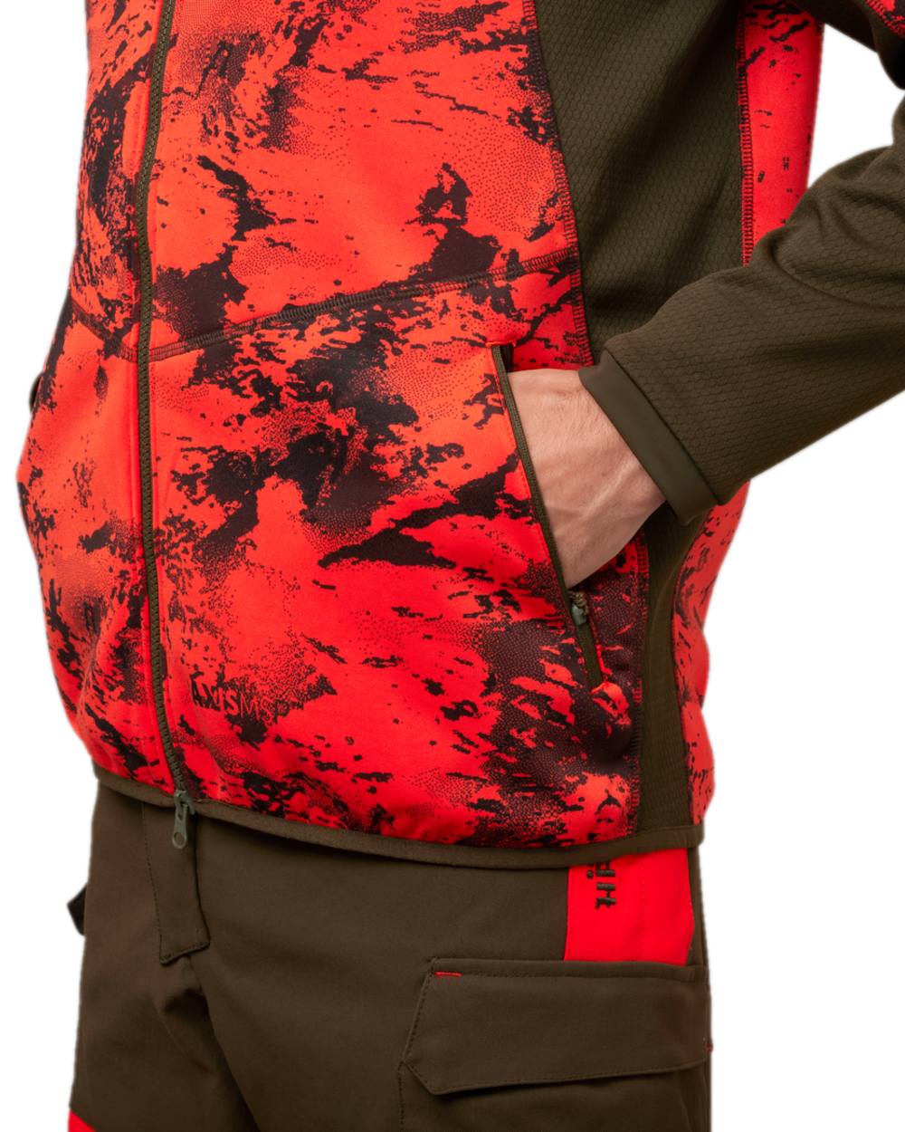 Wildboar Orange Coloured Harkila Wildboar Pro Camo Fleece Jacket on white background #colour_wildboar-orange