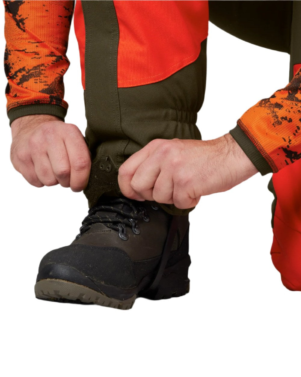 Orange Blaze Willow Green Coloured Harkila Wildboar Pro Gaiters on white background #colour_orange-blaze-willow-green