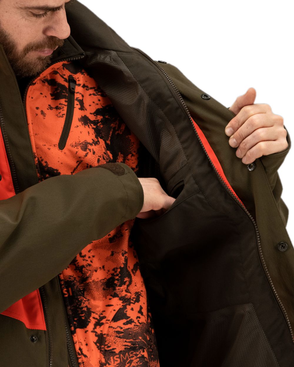 Wildboar Orange Willow Green Coloured Harkila Wildboar Pro Jacket on white background #colour_wildboar-orange-willow-green