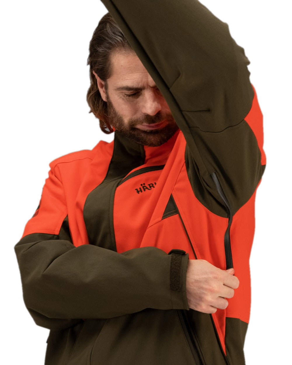 Wildboar Orange Willow Green Coloured Harkila Wildboar Pro Jacket on white background #colour_wildboar-orange-willow-green