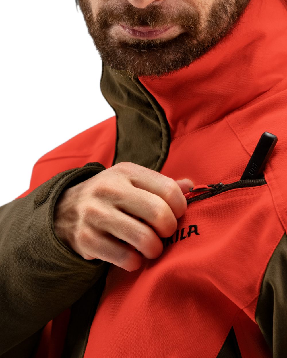 Wildboar Orange Willow Green Coloured Harkila Wildboar Pro Jacket on white background #colour_wildboar-orange-willow-green