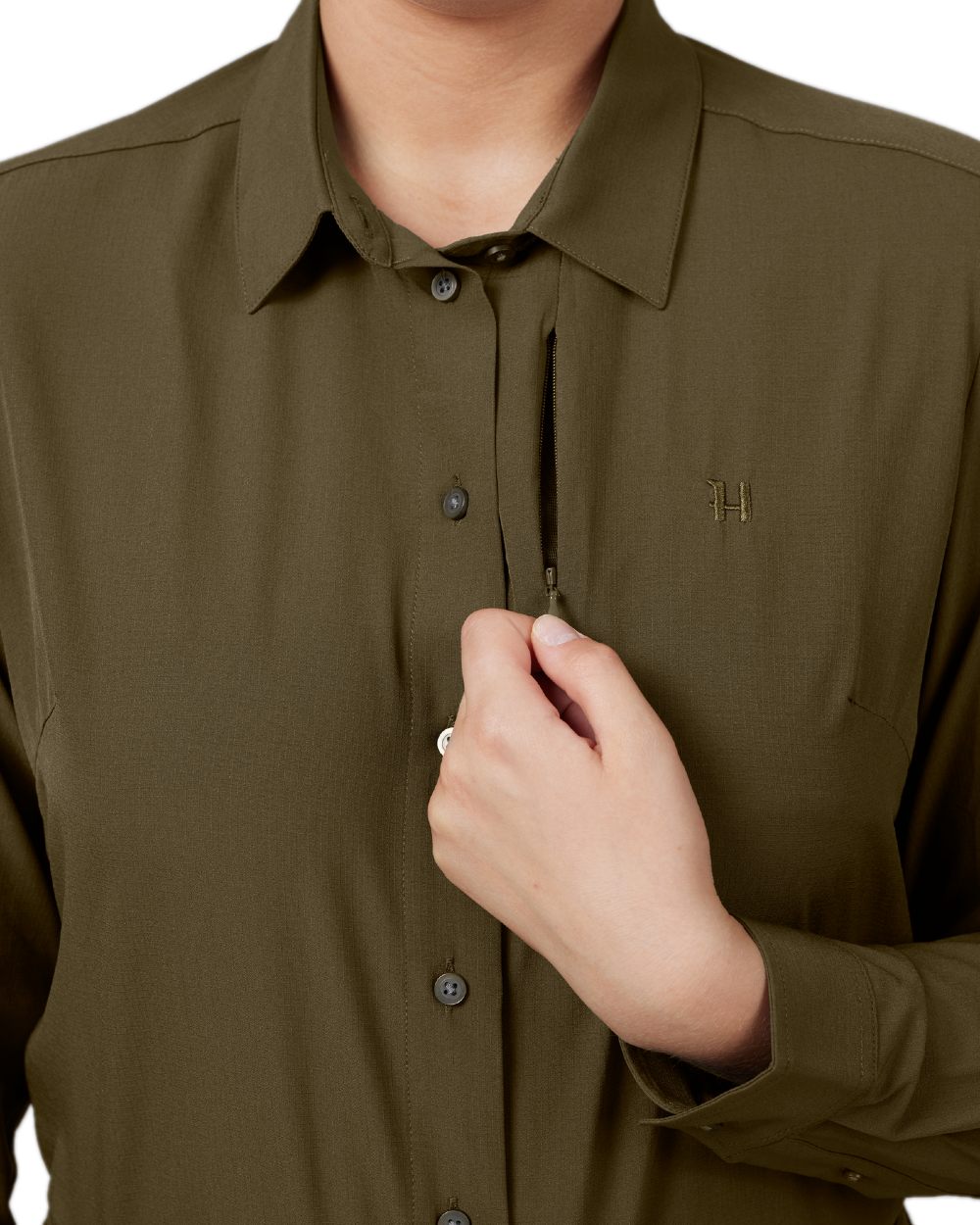 Willow Green Coloured Harkila Women's Trail L/S Shirt on white background #colour_willow-green