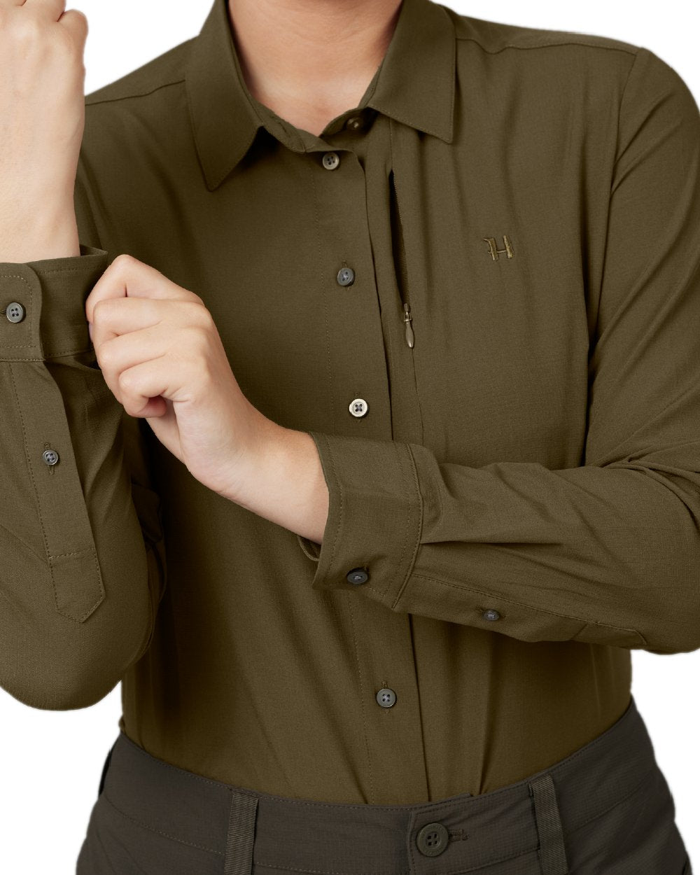 Willow Green Coloured Harkila Women's Trail L/S Shirt on white background #colour_willow-green