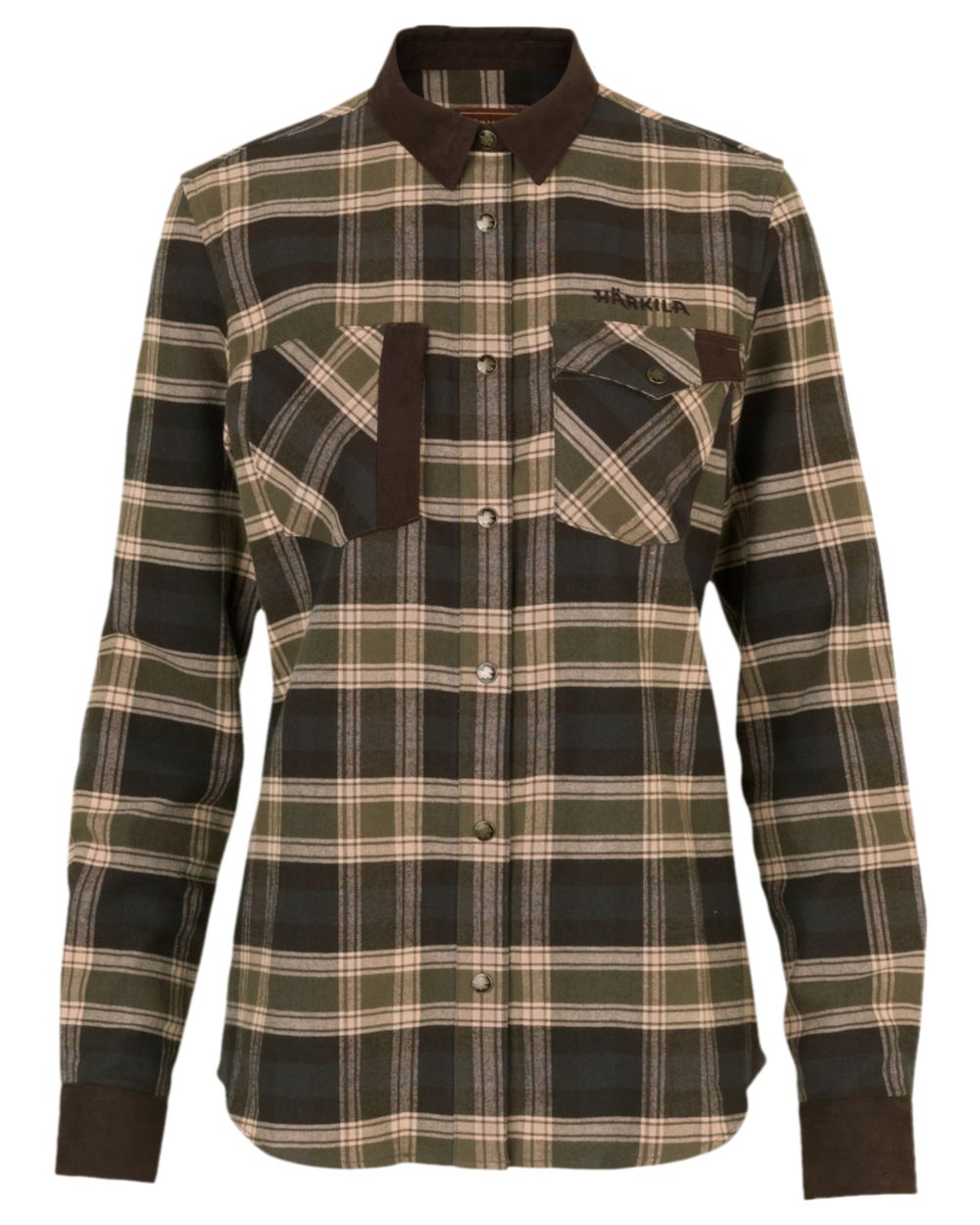 Olive Coloured Harkila Womens Aivak Long Sleeved Shirt on white background #colour_olive