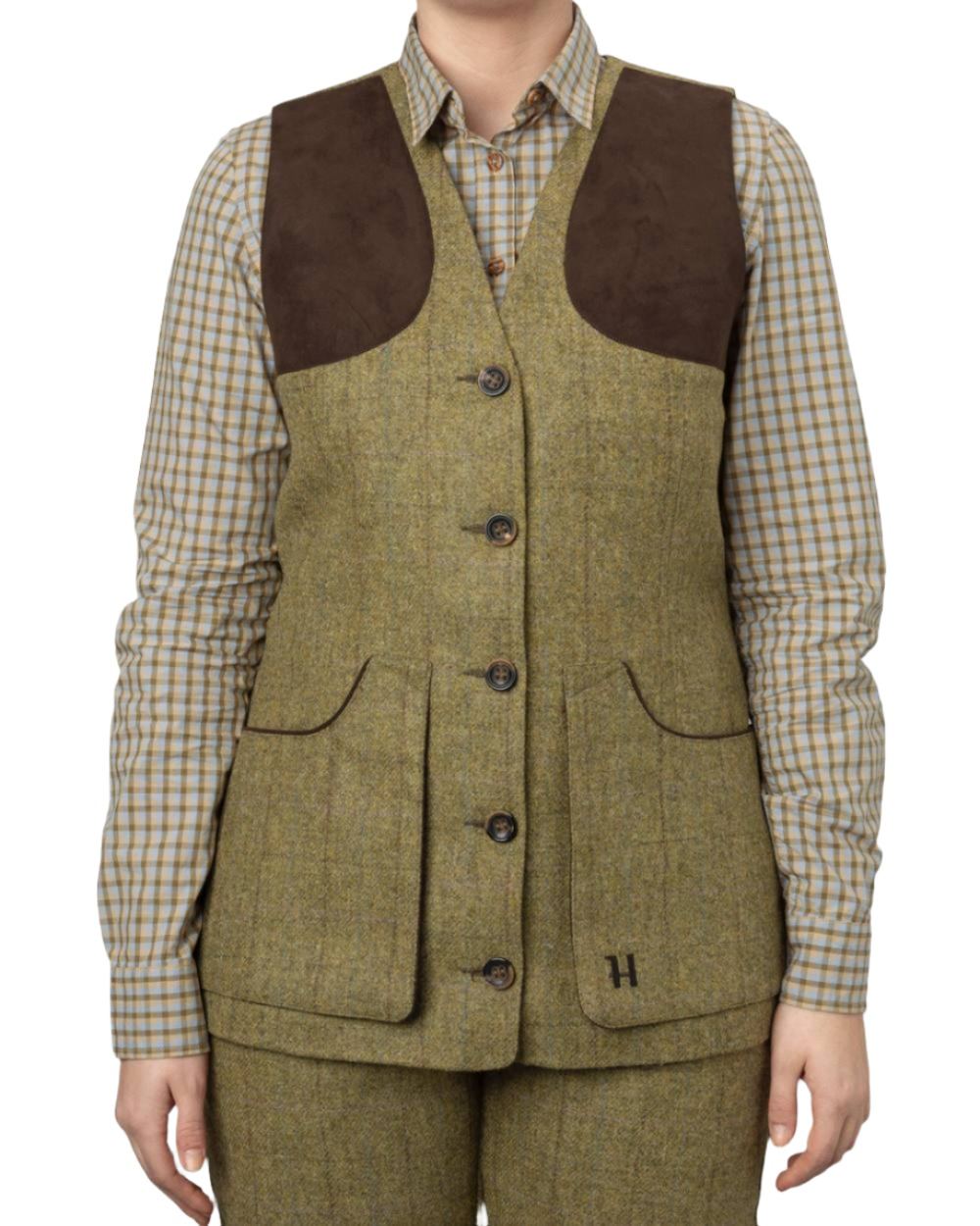 Olive Coloured Harkila Womens Jura Shooting Waistcoat on white background #colour_olive