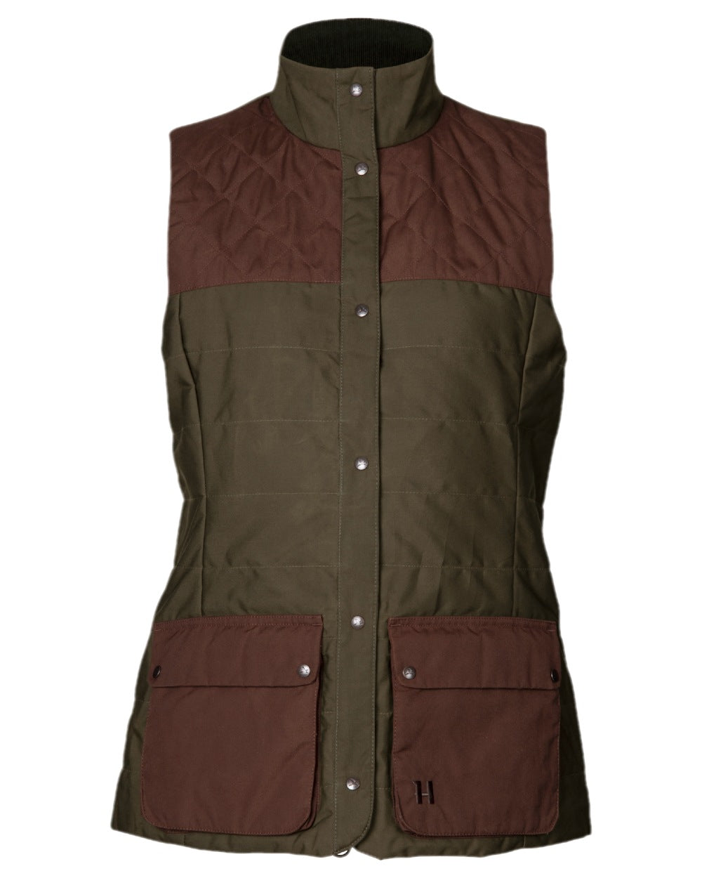 Dark Warm Olive Burgundy Coloured Harkila Womens Retrieve Waistcoat on white background #colour_dark-warm-olive-burgundy