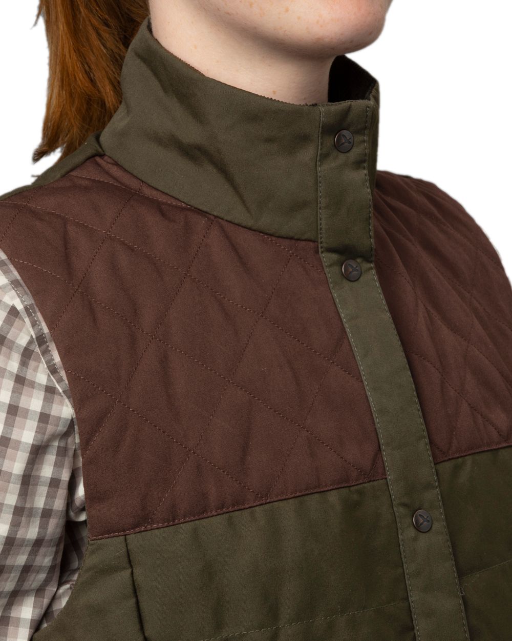 Dark Warm Olive Burgundy Coloured Harkila Womens Retrieve Waistcoat on white background #colour_dark-warm-olive-burgundy