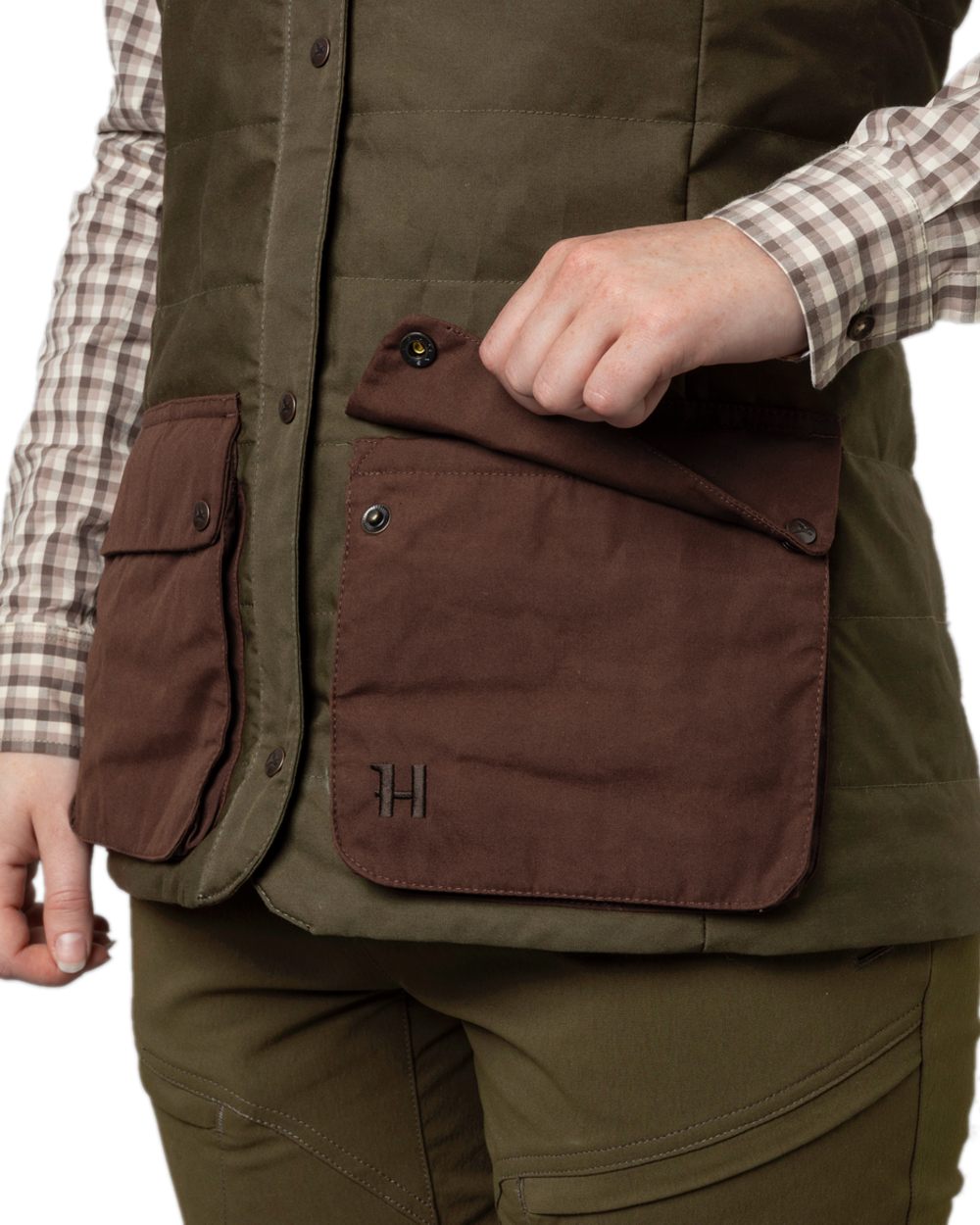 Dark Warm Olive Burgundy Coloured Harkila Womens Retrieve Waistcoat on white background #colour_dark-warm-olive-burgundy