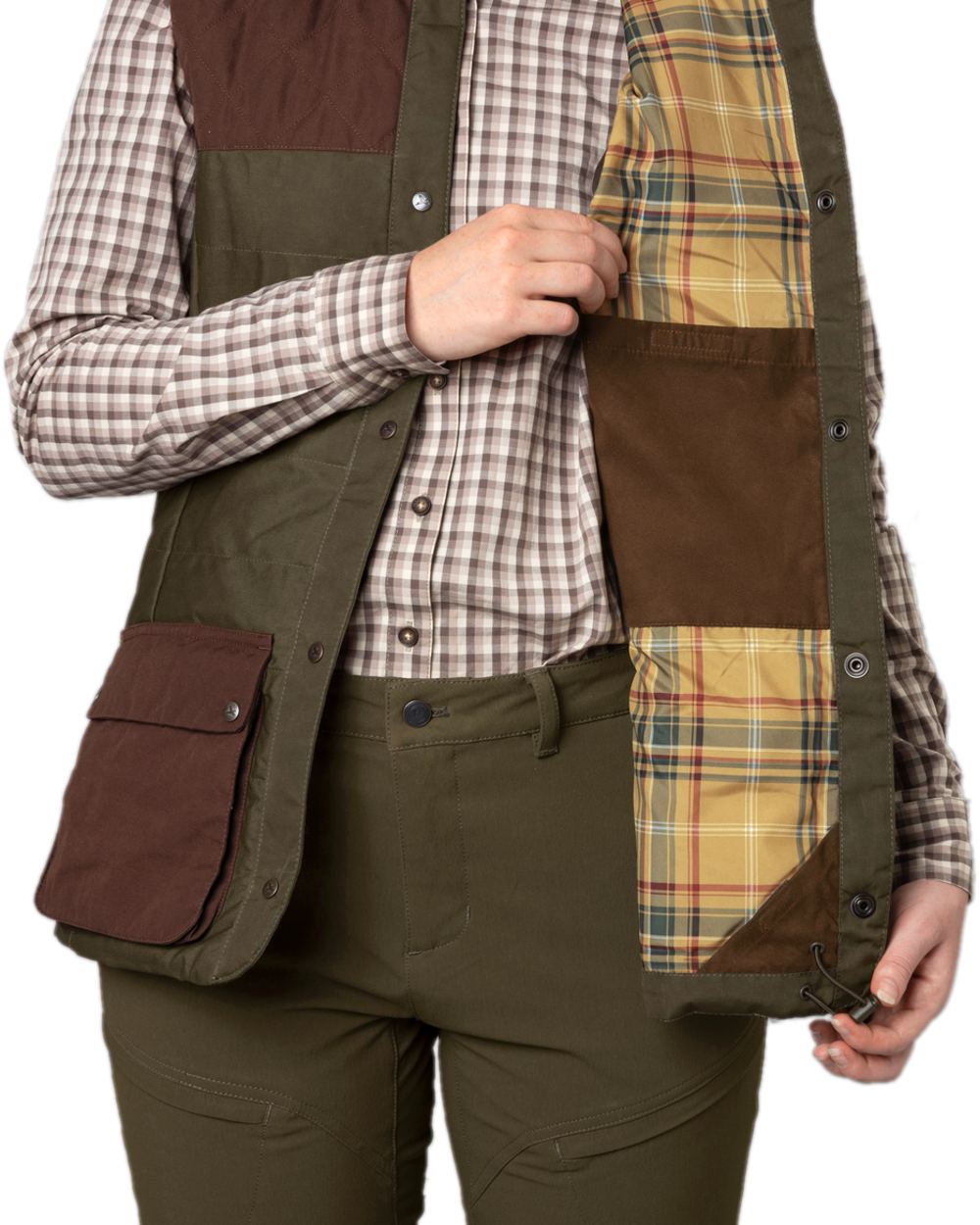 Dark Warm Olive Burgundy Coloured Harkila Womens Retrieve Waistcoat on white background #colour_dark-warm-olive-burgundy