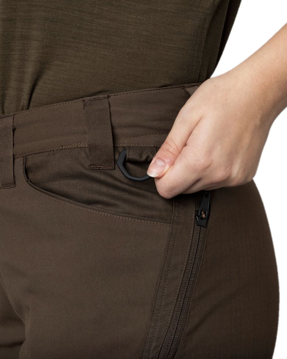Slate Brown Willow Green Coloured Harkila Womens Runa Pants on white background #colour_slate-brown-willow-green