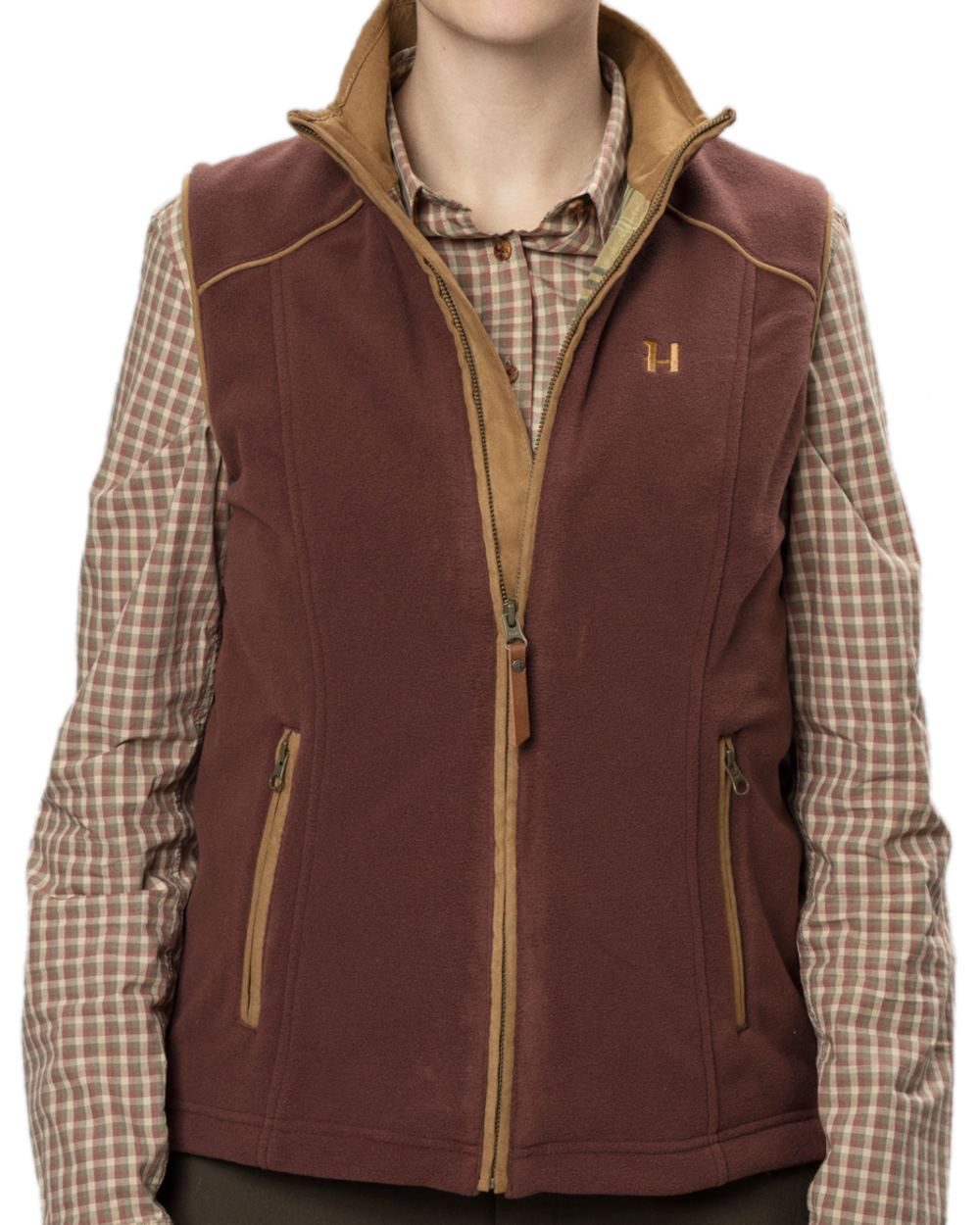 Burgundy Coloured Harkila Womens Sandhem 200 Fleece Waistcoat on white background #colour_burgundy