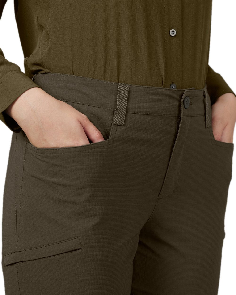 Willow Green Coloured Harkila Womens Trail Trousers on white background #colour_willow-green