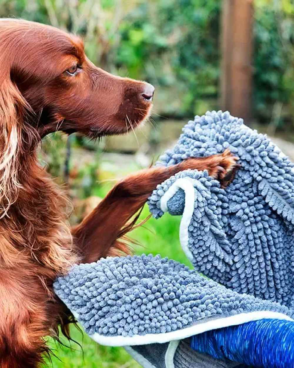 Blue Grey coloured Henry Wag Microfibre Glove Towel on garden background #colour_blue-grey