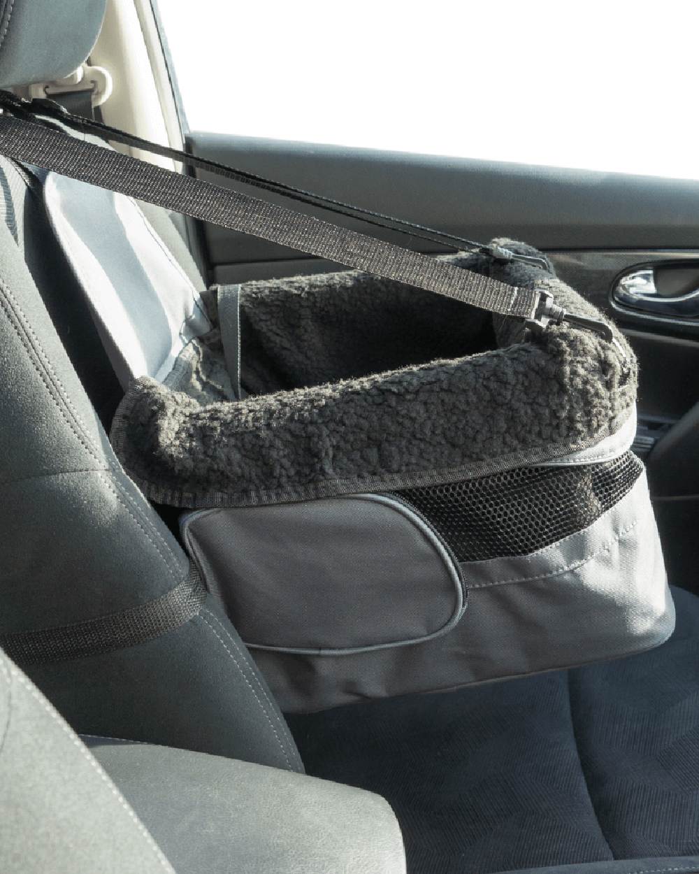 Grey Black coloured Henry Wag Pet Car Booster Seat on car background #colour_grey-black