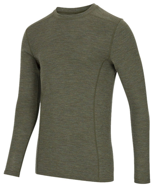 Green Coloured Hoggs of Fife 100% Merino Wool Long Sleeve Crew Neck Base Layer on white background #colour_green