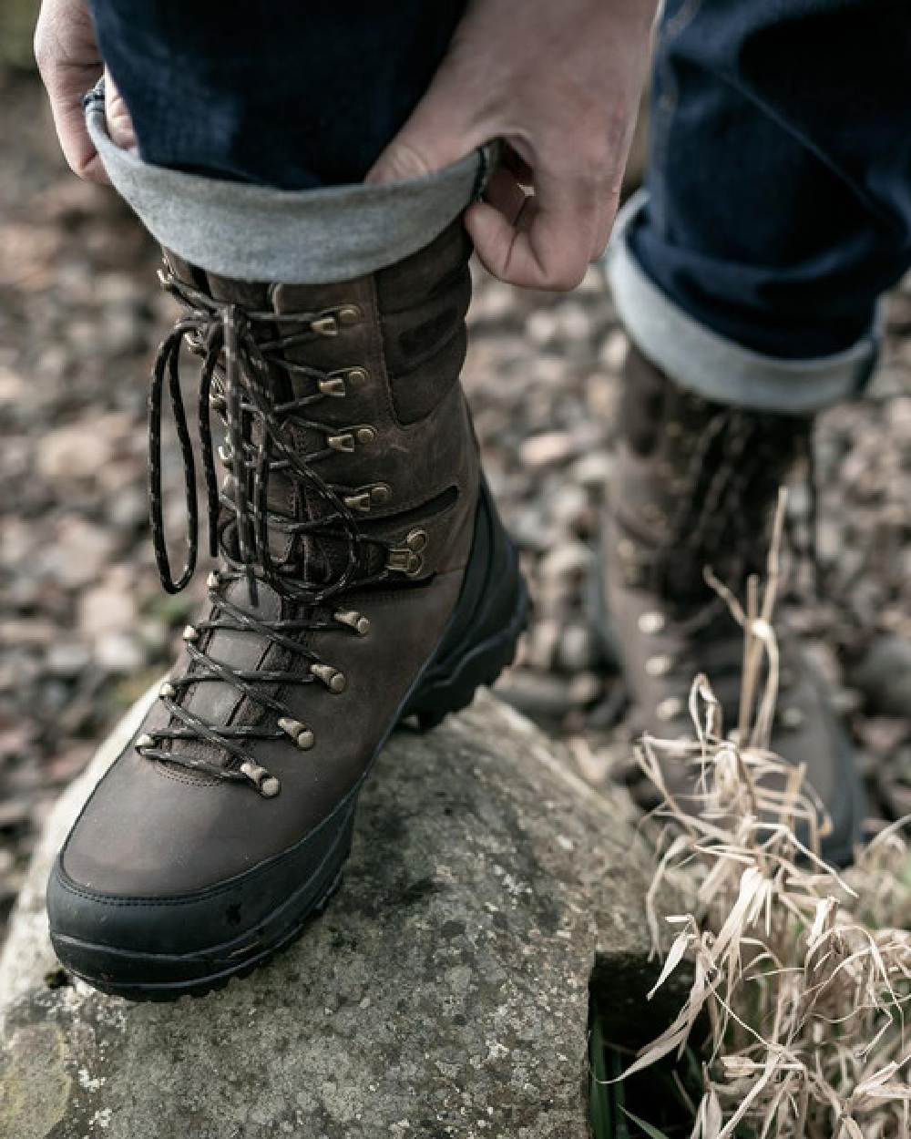 Brown Coloured Hoggs of Fife Aonach II 10 Inch Waterproof Field Boot on stones background #colour_brown