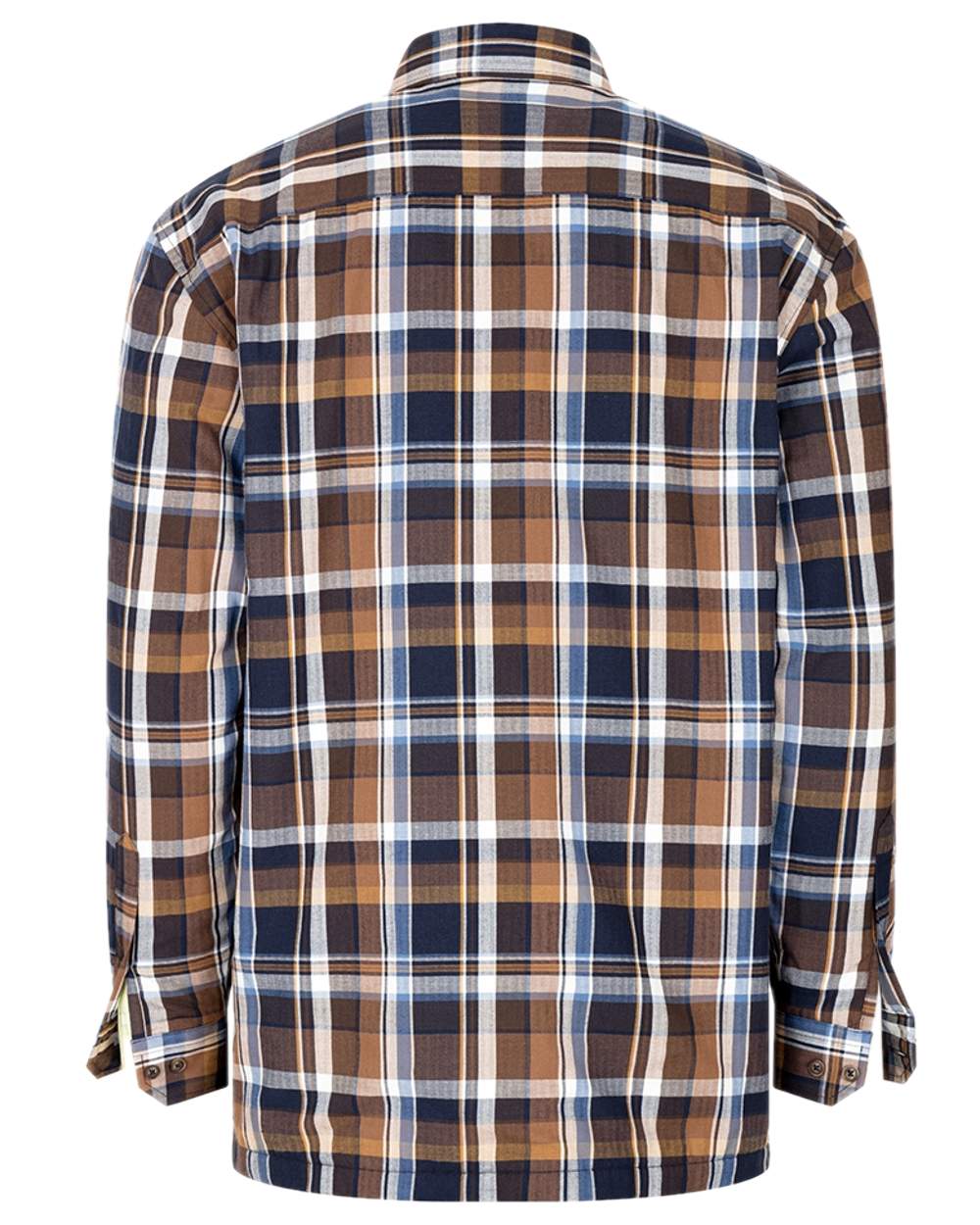 Navy Brown Check Coloured Hoggs of Fife Arran Micro Fleece Lined 100% Cotton Shirt on white background #colour_navy-brown-check