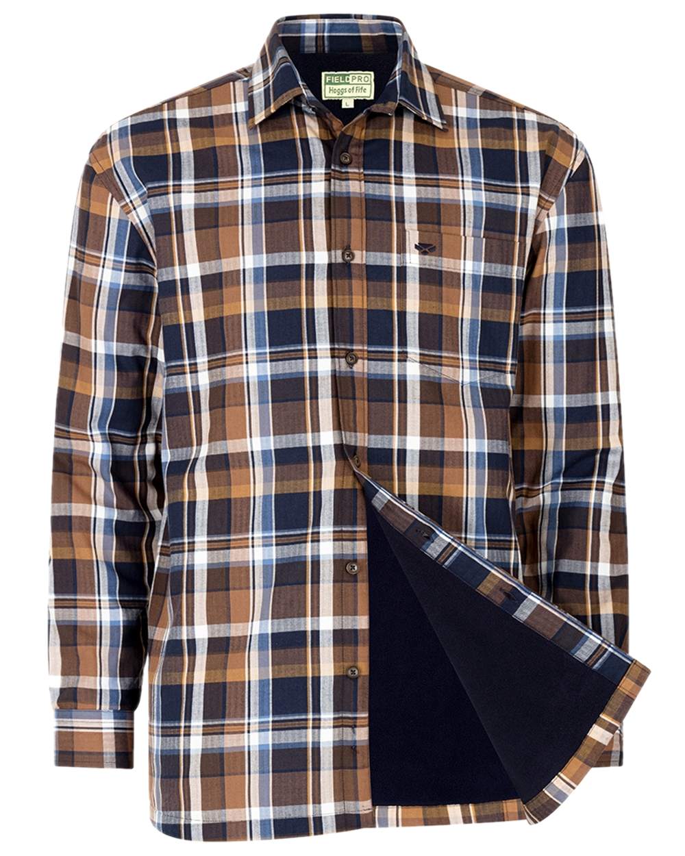Navy Brown Check Coloured Hoggs of Fife Arran Micro Fleece Lined 100% Cotton Shirt on white background #colour_navy-brown-check