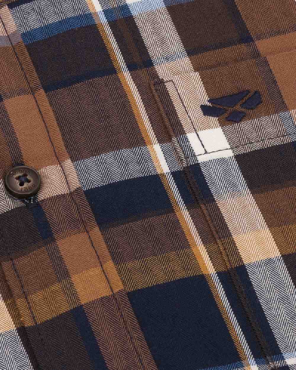 Navy Brown Check Coloured Hoggs of Fife Arran Micro Fleece Lined 100% Cotton Shirt on white background #colour_navy-brown-check