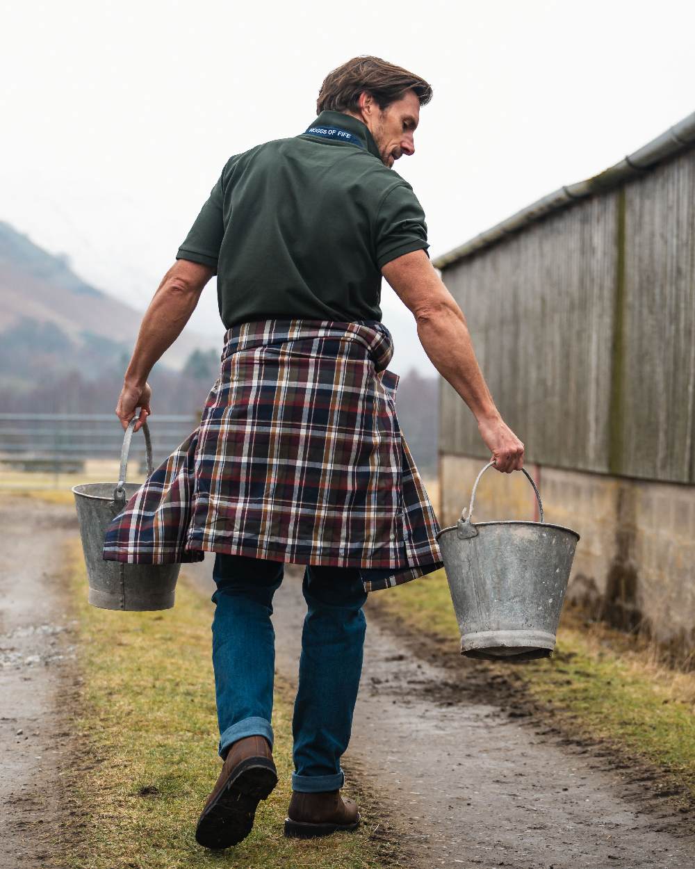 Wine Olive Check Coloured Hoggs of Fife Arran Micro Fleece Lined 100% Cotton Shirt on countryside background #colour_wine-olive-check
