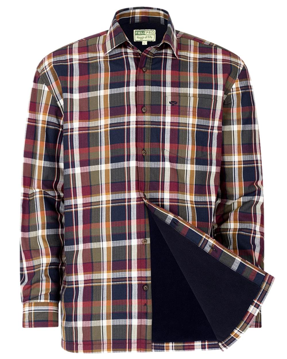 Wine Olive Check Coloured Hoggs of Fife Arran Micro Fleece Lined 100% Cotton Shirt on white background #colour_wine-olive-check