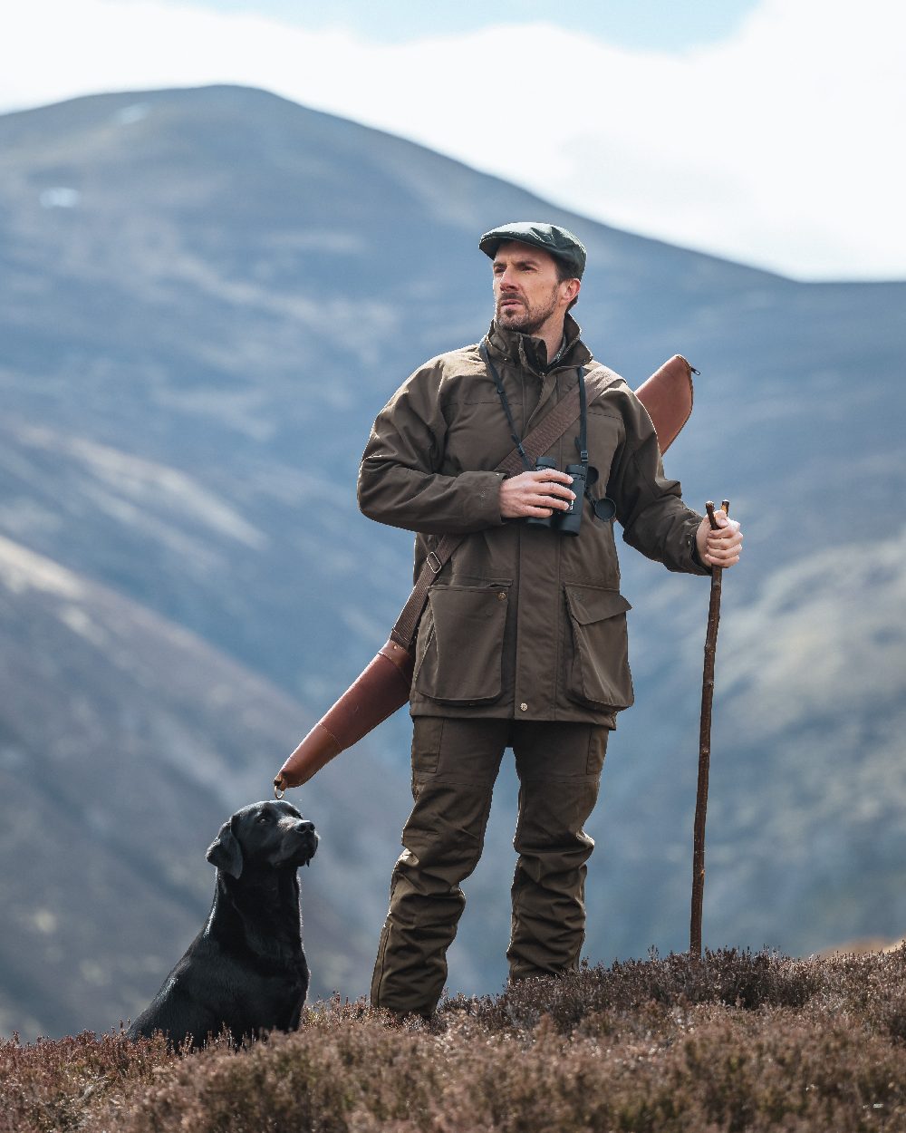 Green Coloured Hoggs of Fife Ballater Waterproof Field Trousers on mountain background #colour_green