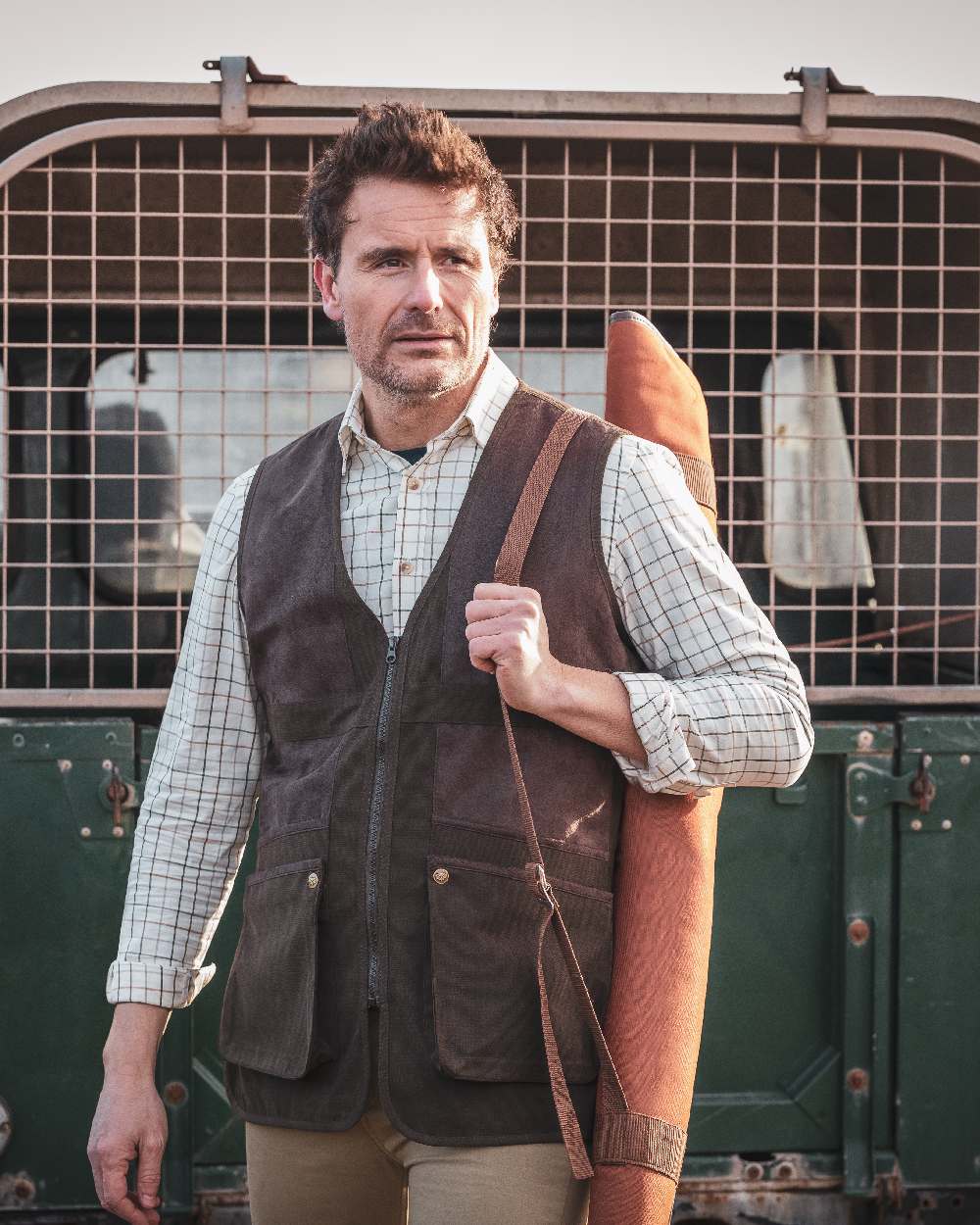 Green Brown Coloured Hoggs of Fife Balmoral Luxury Tattersall Shirt on jeep background #colour_green-brown