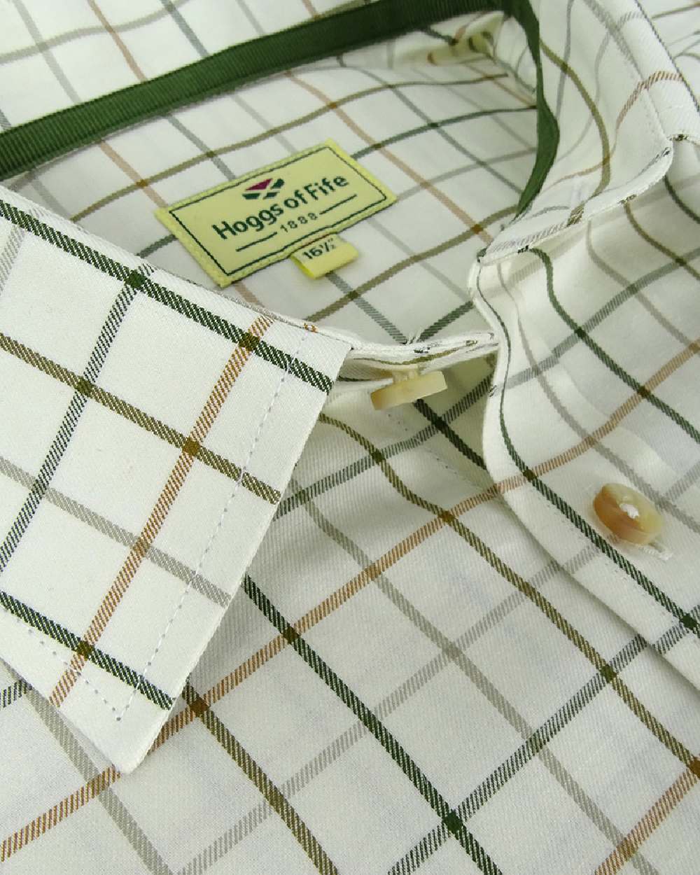 Green Brown Coloured Hoggs of Fife Balmoral Luxury Tattersall Shirt on white background #colour_green-brown