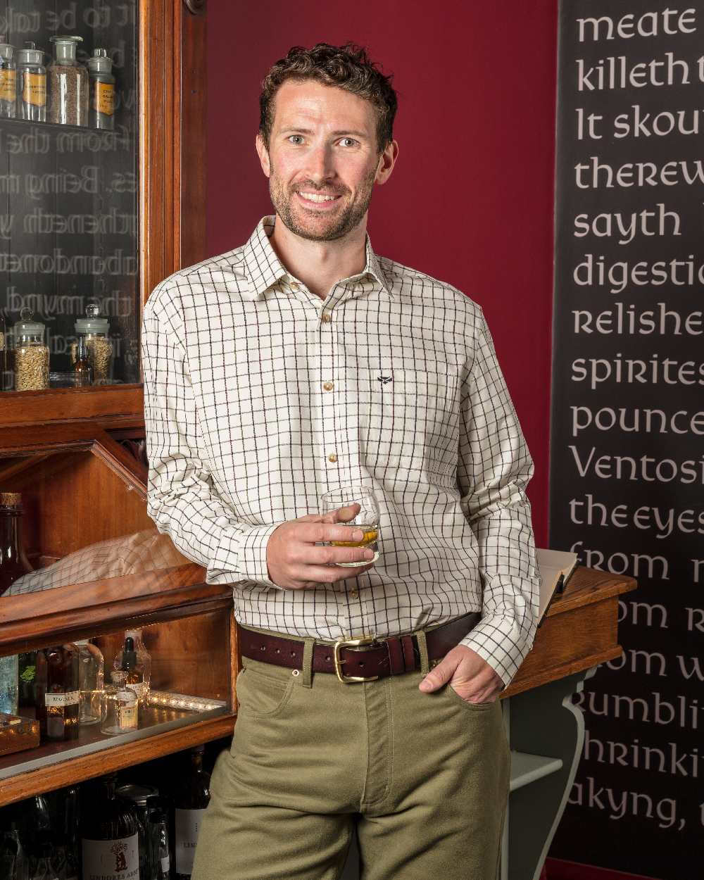 Navy Wine Coloured Hoggs of Fife Balmoral Luxury Tattersall Shirt on shop background #colour_navy-wine