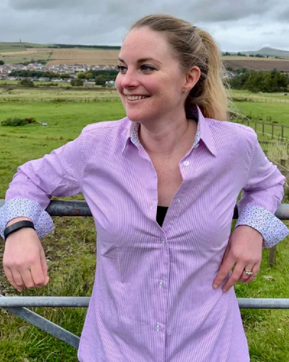Lavender Stripe Coloured Hoggs of Fife Bonnie II Ladies Cotton Shirt on countryside background #colour_lavender-stripe